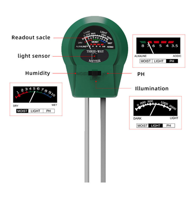 Stainless Steel Tube Probe 3 In 1 Moisture/Light/Ph Tester for Plant/Lawn/Farm/Garden