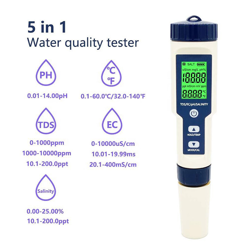 Multiparameter pH Meter 5 in 1 TDS/EC/Salinity/TEMP Tester with Replaceable Electrode