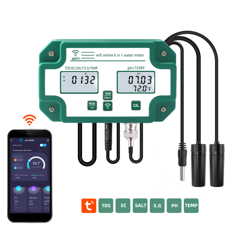6-in-1 Wifi Water Tester for PH/EC/TDS/SALT/G.S/Temp Meter TUYA APP Online Monitoring
